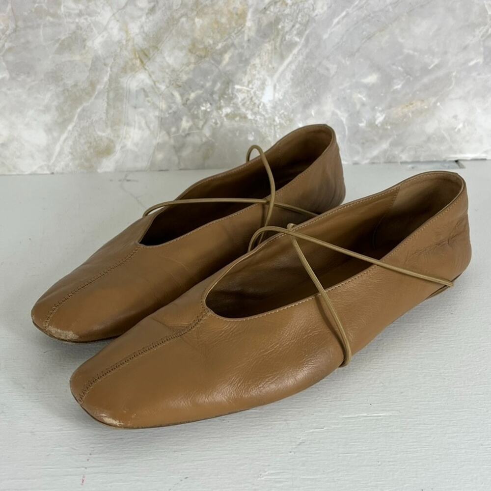 M.Gemi Light Tan Nappa Leather Square Toe Flats 40.5 US 9.5 Criss-Cross Straps